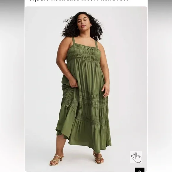 Torrid 2 Square Neck Lace Inset Maxi Dress Olivine - Picture 2 of 6